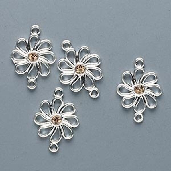 4 Silver Plated Pewter Flower Links Made with Swarovski Colorado Topaz Crystals*