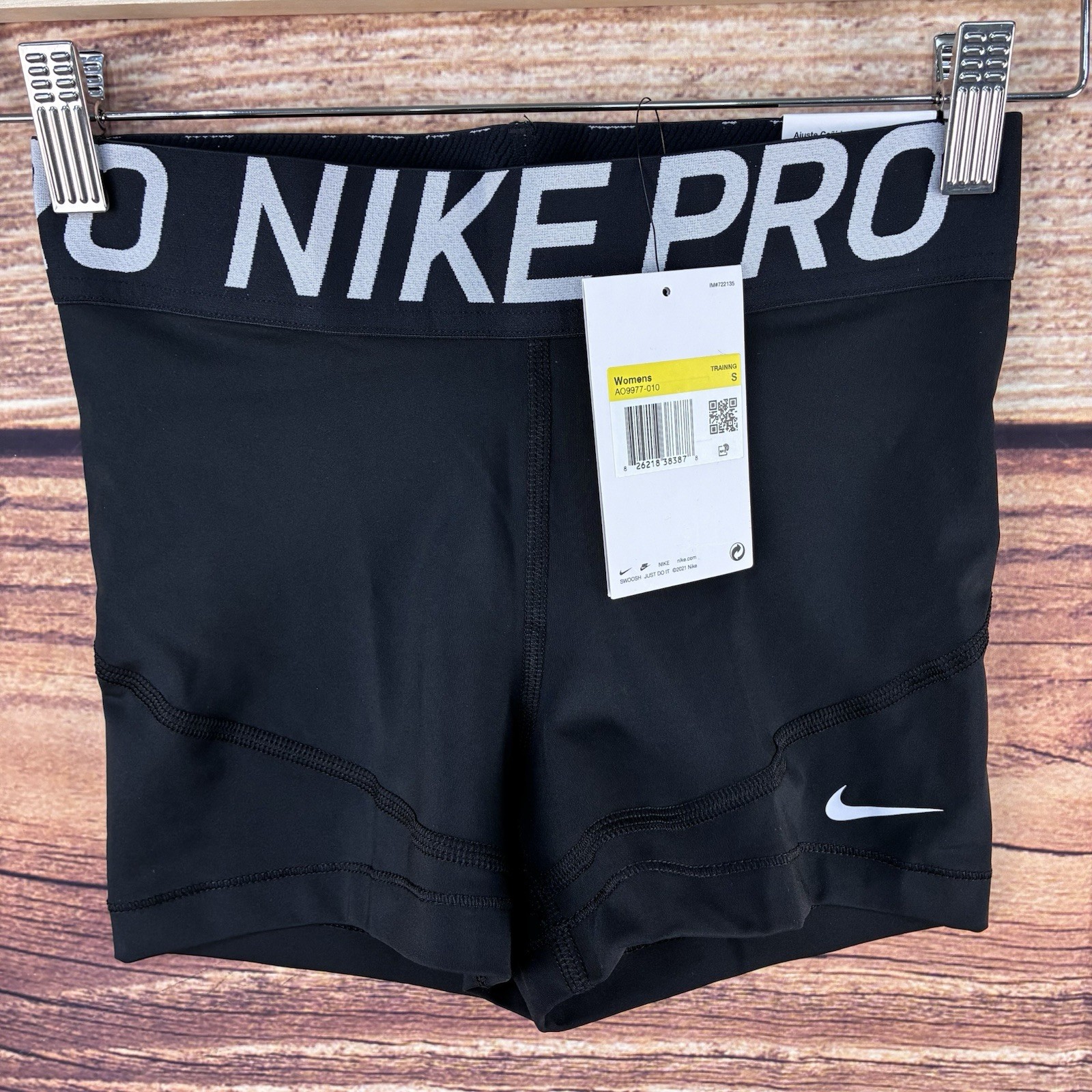 Nike Pro 3" Womens Training Shorts Black White Swoosh Elastic S AO9977-010 NWT