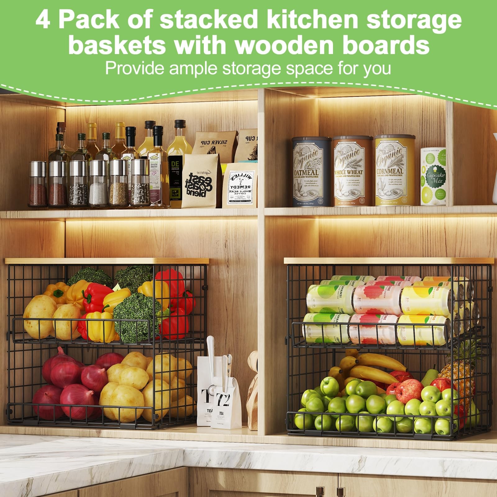 Best 4 Pack Stackable Wire Baskets for Pantry Organizers and Storage, with Fixed