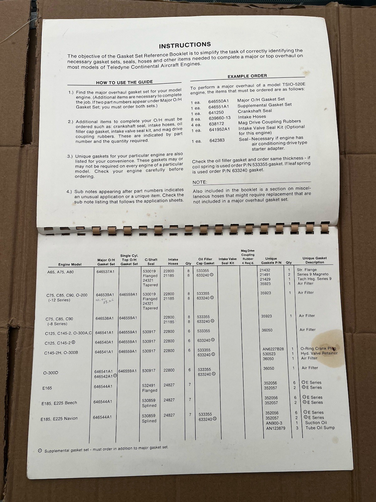 Continental Engine Gasket Set 1983 Reference Part Number Guide X30572 Original
