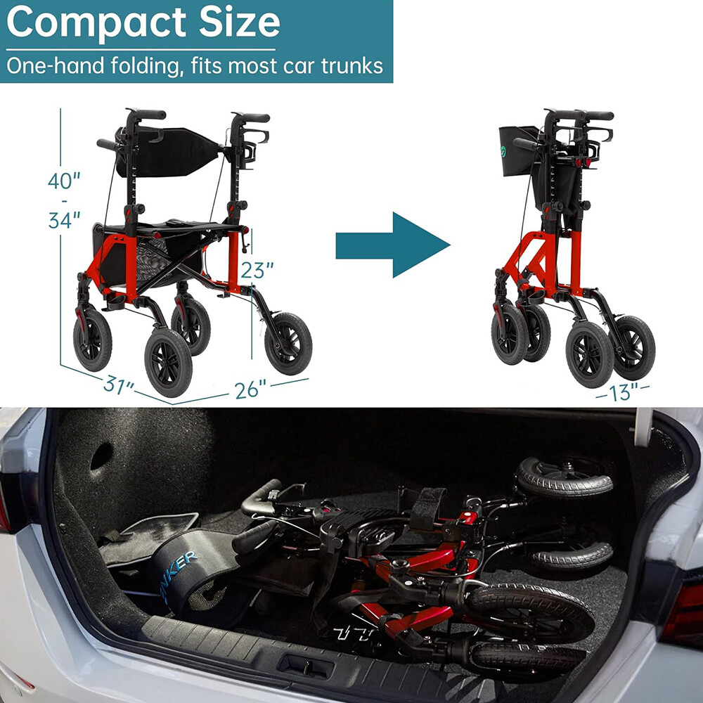 10” Deluxe ELENKER Rollator Walker Medical Aid Wheelchair Transport Stand up Red