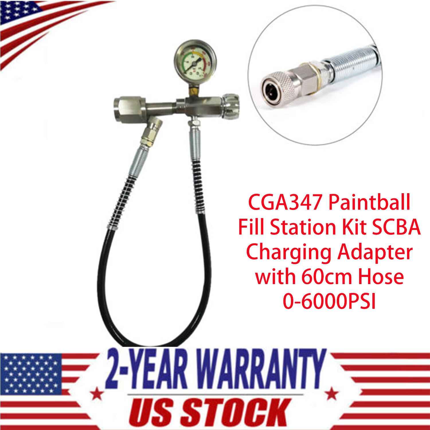 CGA347 SCBA Charging Fill Adapter 0-6000PSI w/60cm Hose Paintball Fill Station