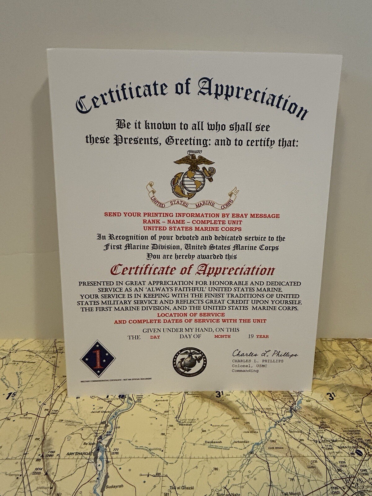 U.S. MARINE CORPS / 1ST MARINE DIVISION - CERTIFICATE OF APPRECIATION