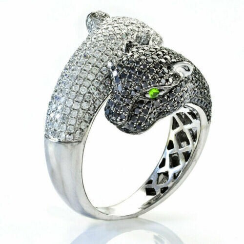 Round Cut Simulated Diamond Panther Double Face Ring 925 Silver