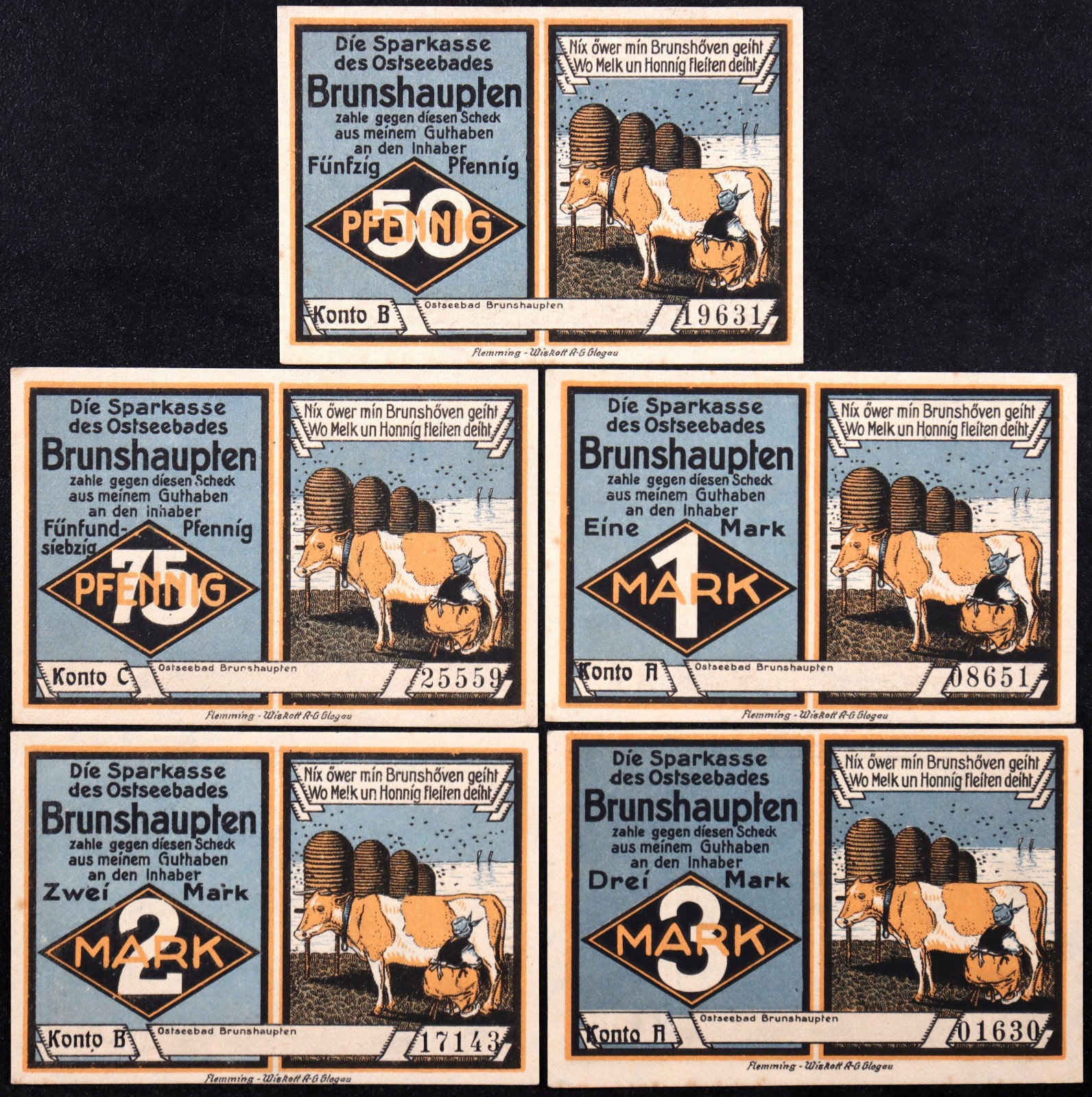 BRUNSHAUPTEN 1922 "Beach Views/Milk Cow" Complete Series Notgeld Germany