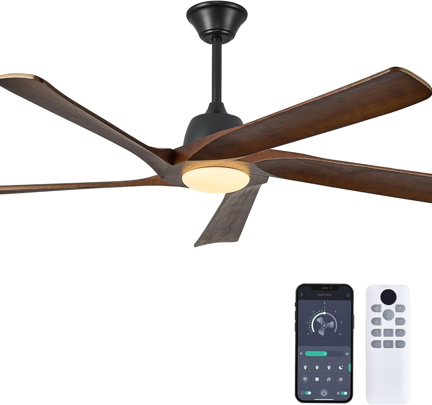 60" DC Solid Wood Ceiling Fan with Lights, (Dark Walnut) | Remote & APP Control,