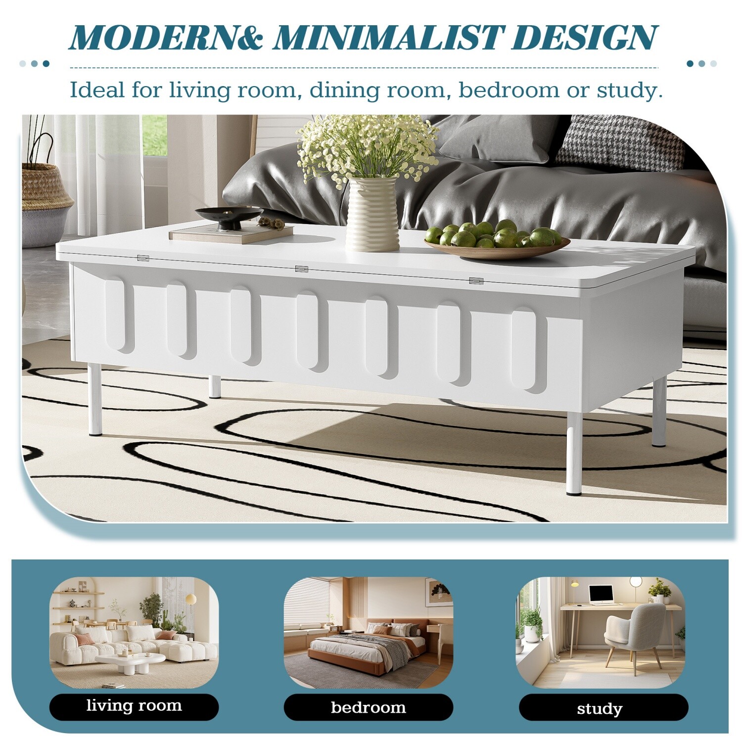 Modern Lift Top Coffee Table Center Cocktail Table with Foldable Top & 2 Drawers