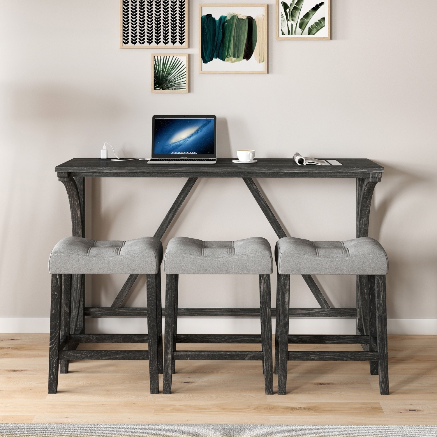 4 Piece Bar Table Set Kitchen Counter Height Table Dining Table w/ 3 Bar Stools
