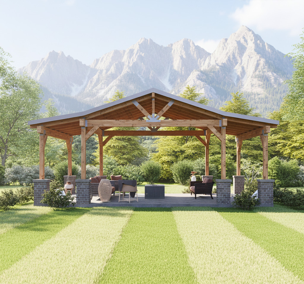 Garden Barn Pavilion with Double roof plan , 26'x16' Patio Blueprints