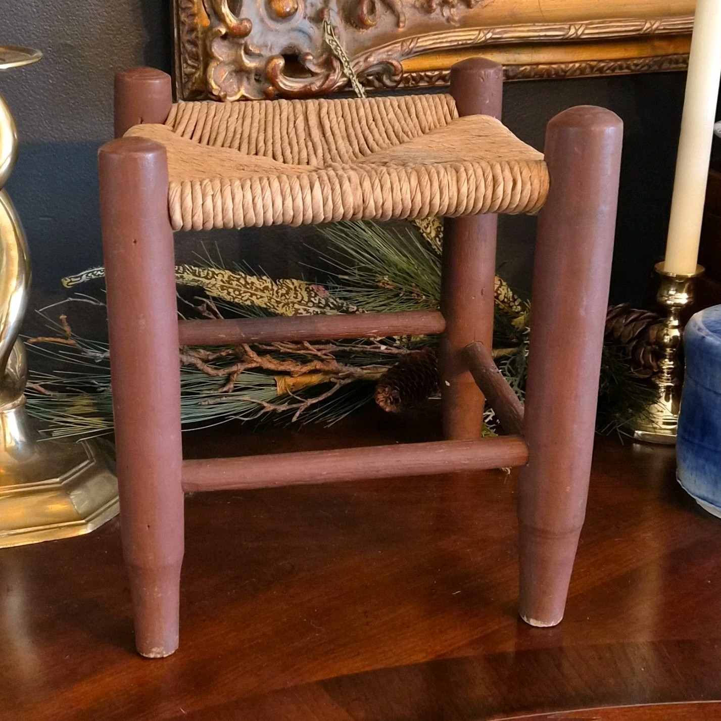 Antique Country Wooden Square Stool with Woven Seat Handmade Brown Beige