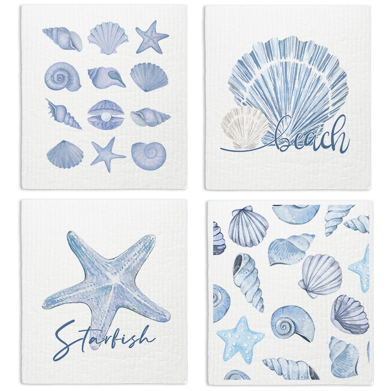 4 Pack Beach Ocean Swedish Dishcloths Kitchen Shells Dish Towels Papaya Paper