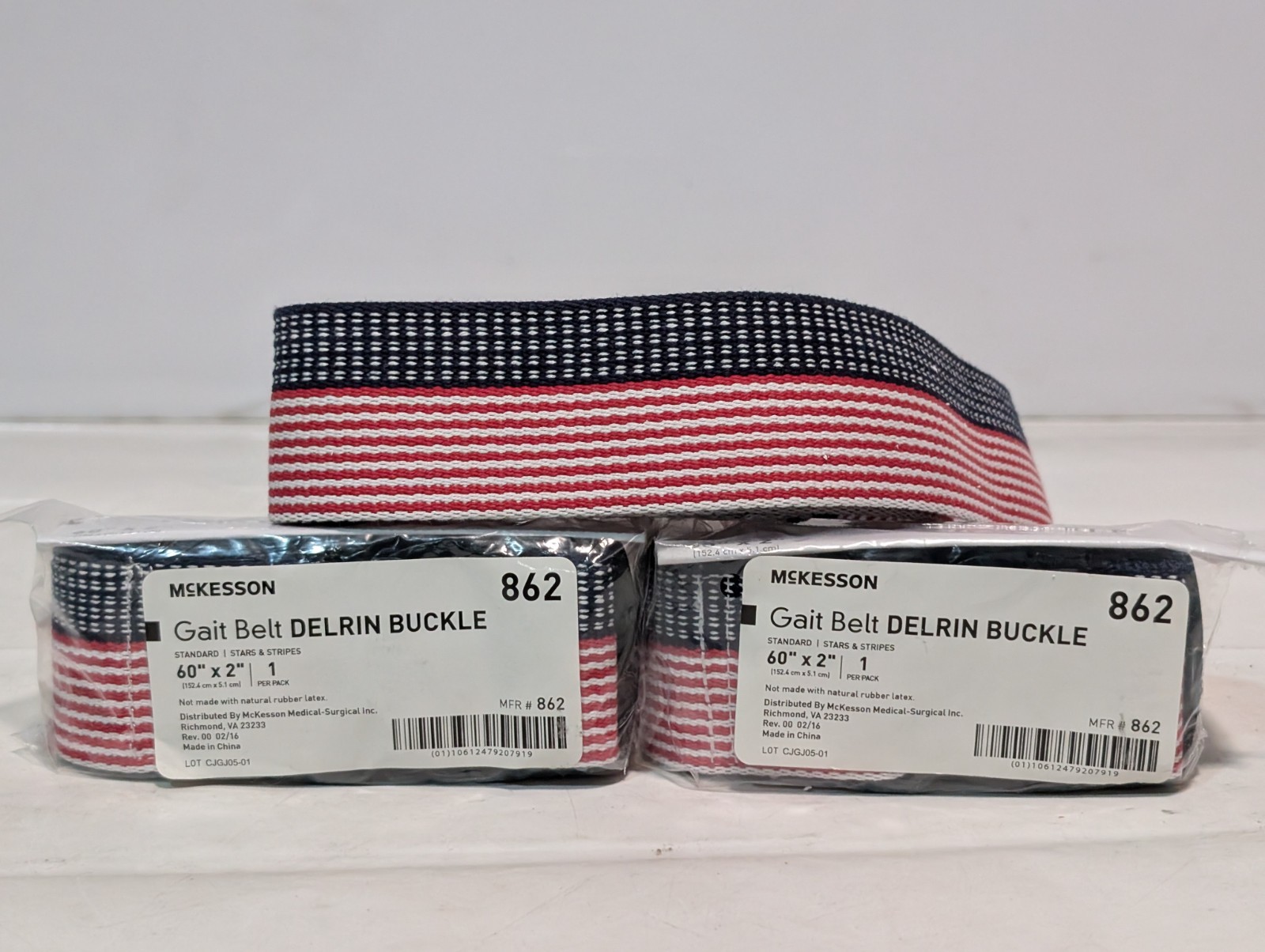 Lot of 3: McKesson 862 Gait Belt Delrin Buckles Standard 60"x2", Stars & Stripes