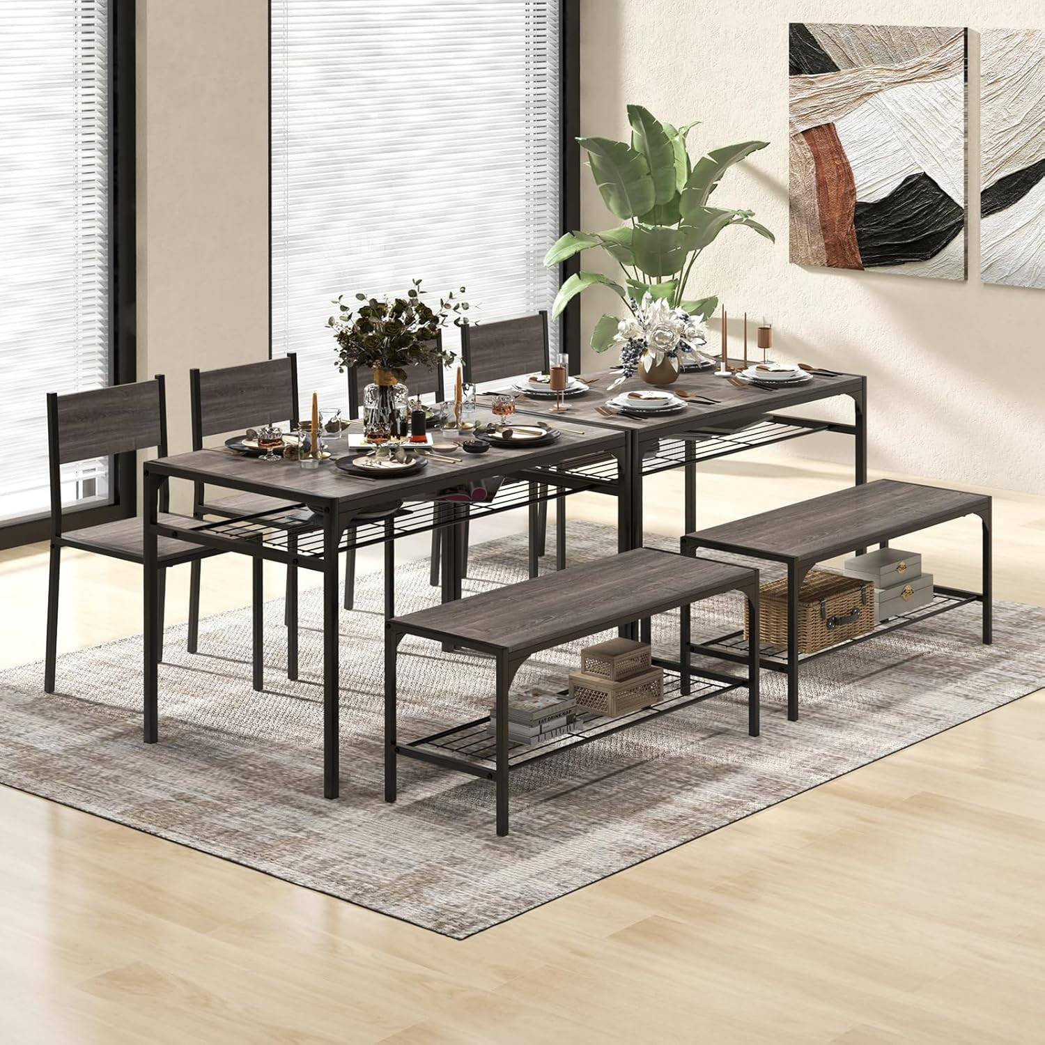 Compact 4-Piece Dining Set with Bench & Storage - Industrial Style (Black & Grey