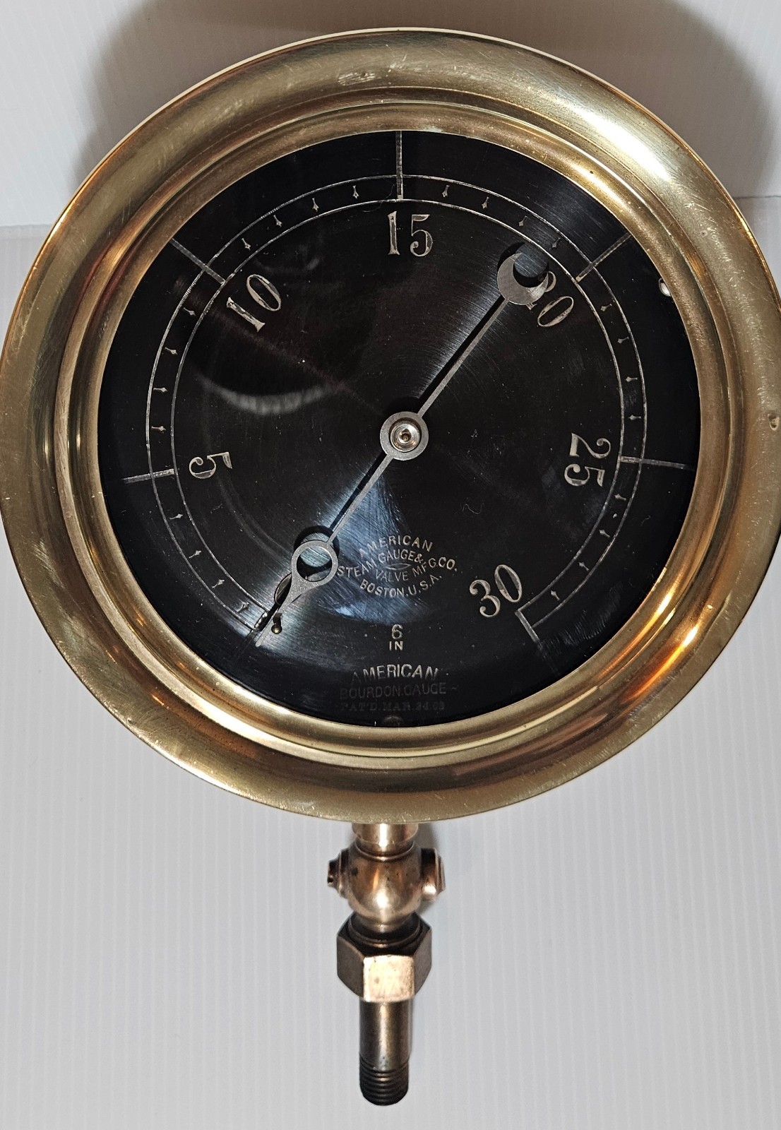 American Steam Gauge & Valve MFG Co. 6 In Antique Brass Dial Bourdon Gauge 0-30