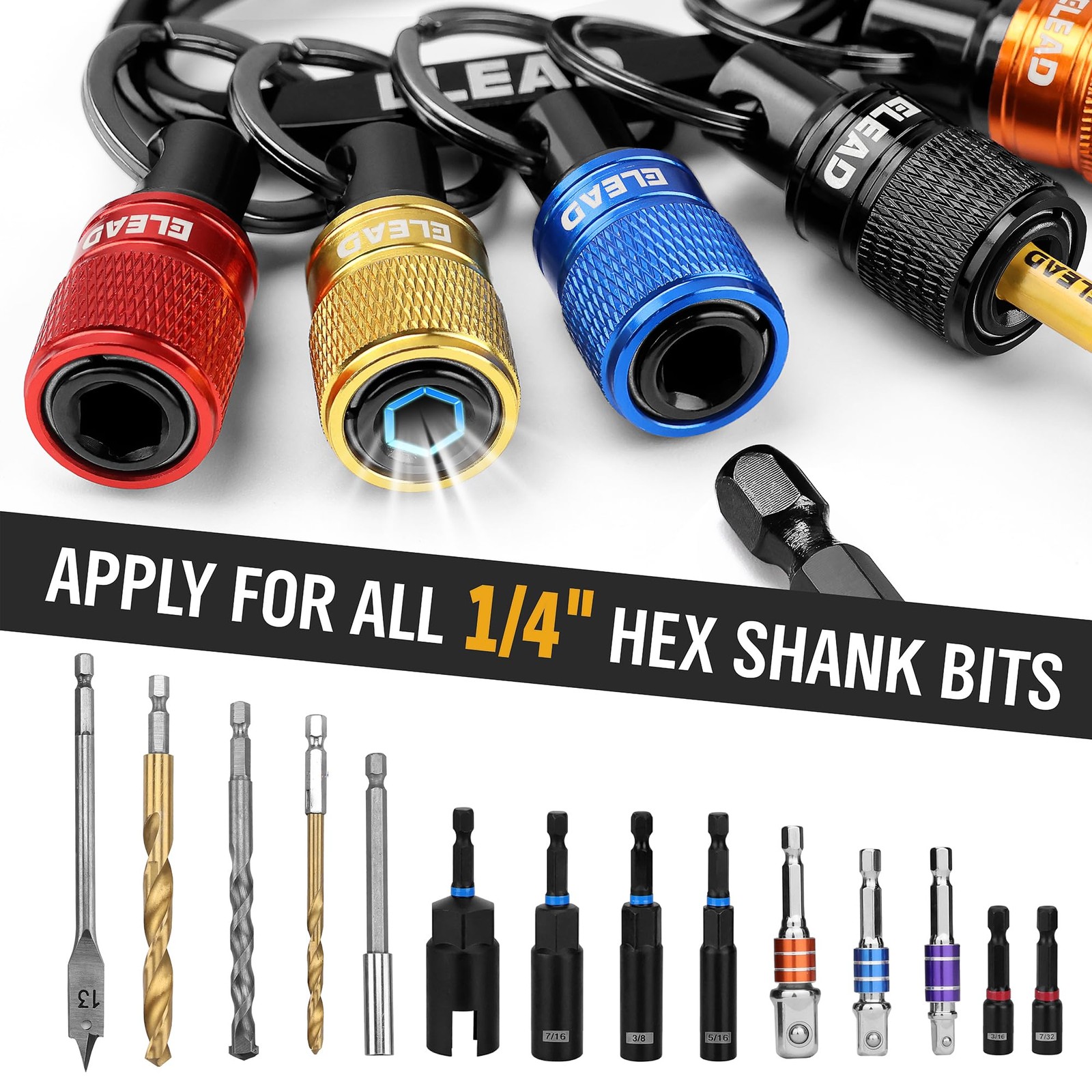 6-Piece Hex Shank Bit Holder Set with Quick Release Keychain Carabiner