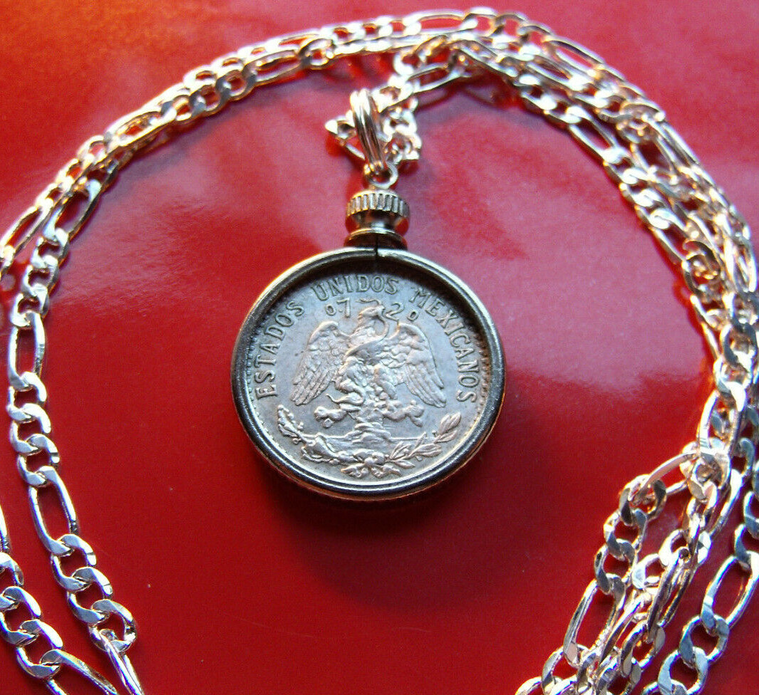 1920-1943 MEXICAN EAGLE SILVER 20c Pendant on a 26" .925 Silver 2.5mm Link Chain