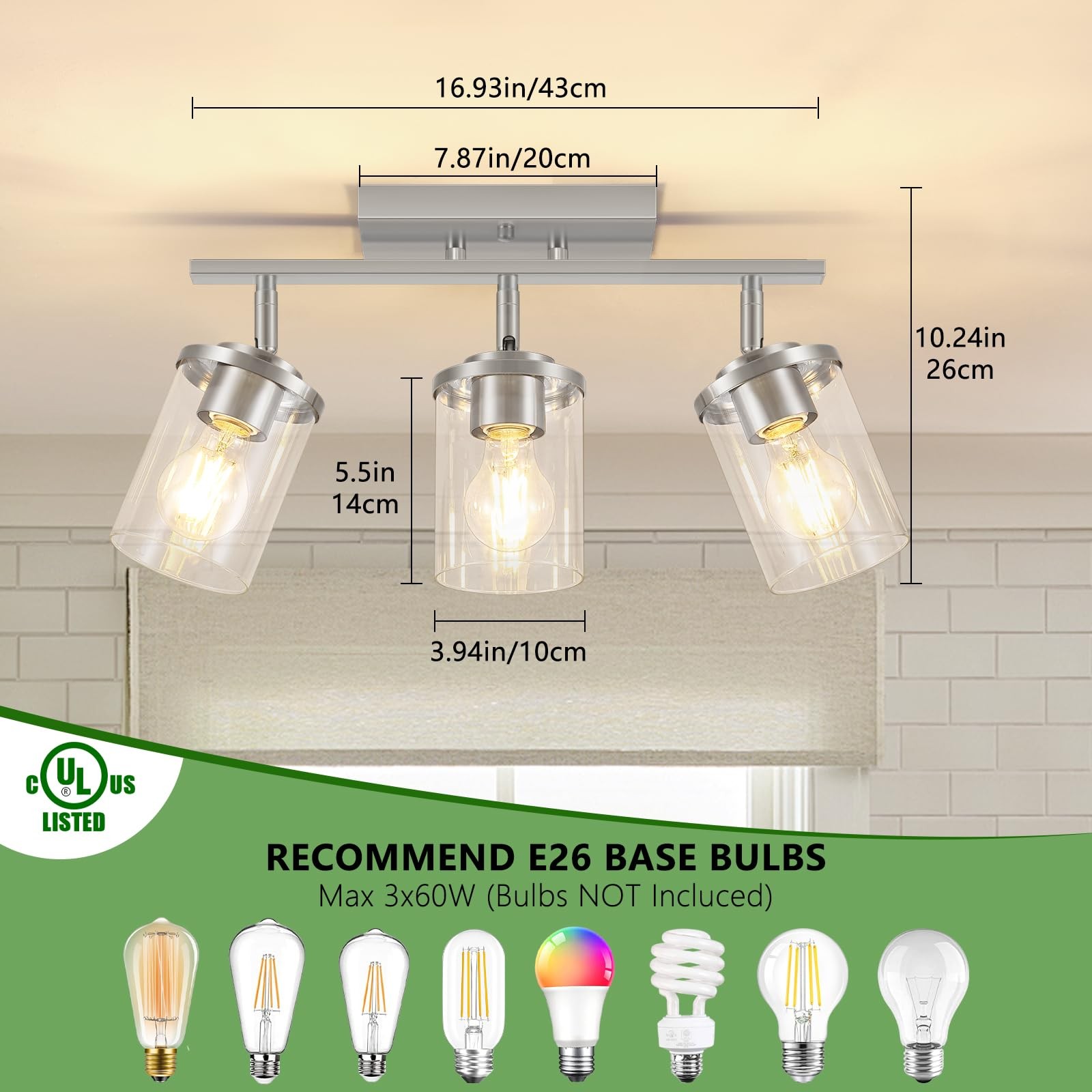FadimiKoo 3-Lights Kitchen Light Fixtures Ceiling 3-Lights, Brushed Nickel