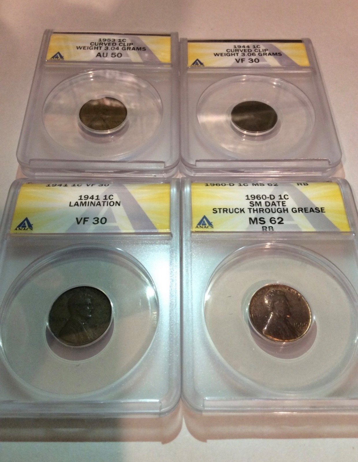 Mint Errors ANACS Wheat Cents/Lincoln Penny Lot- Grease, Clip 3.04g, Lamination