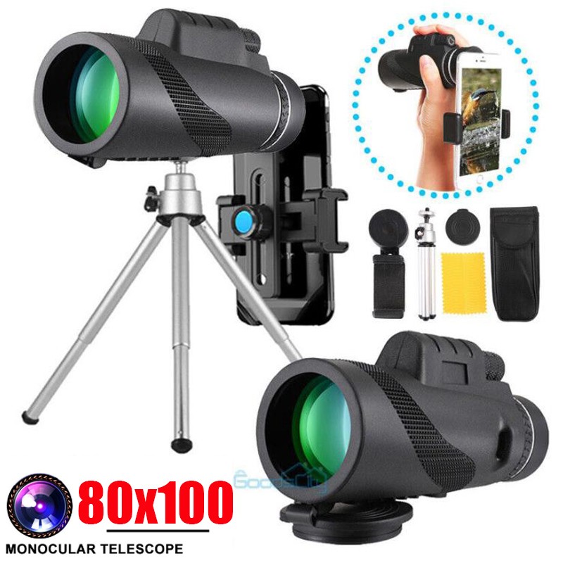80X100 Zoom Optical HD Lens Monocular Telescope + Tripod + Clip for Cell Phone