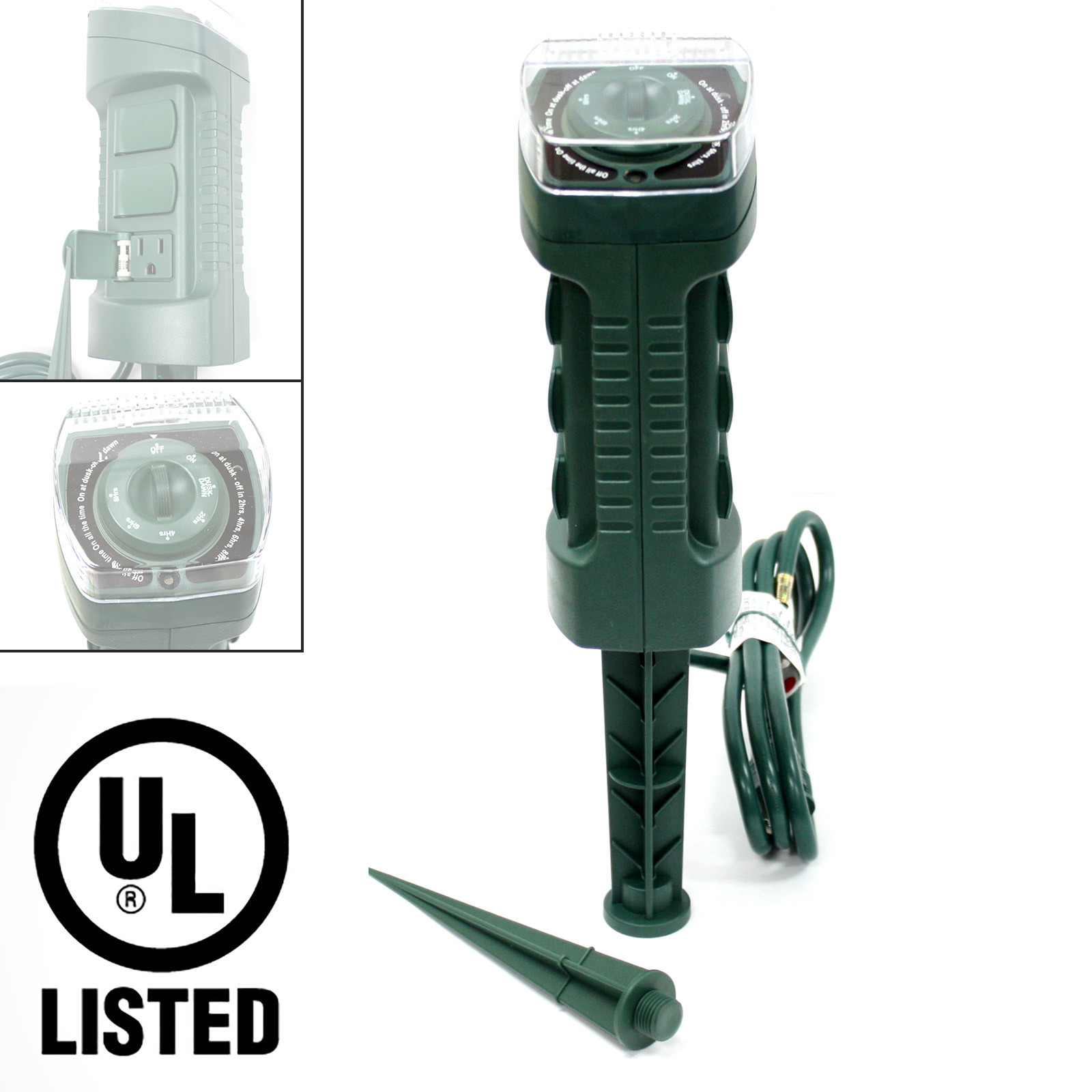 6 Outlet UL LISTED Outdoor Yard Grounded Power Stake Timer DawnDust Light Sensor