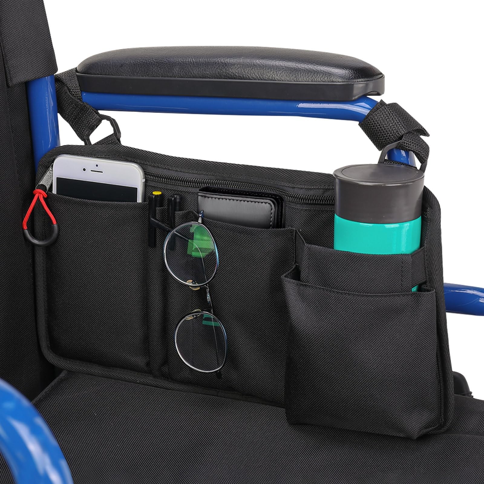 JOYTUTUS Walker Side Bag, Wheelchair Armrest Storage 14.2 × 7.5 inches, Black