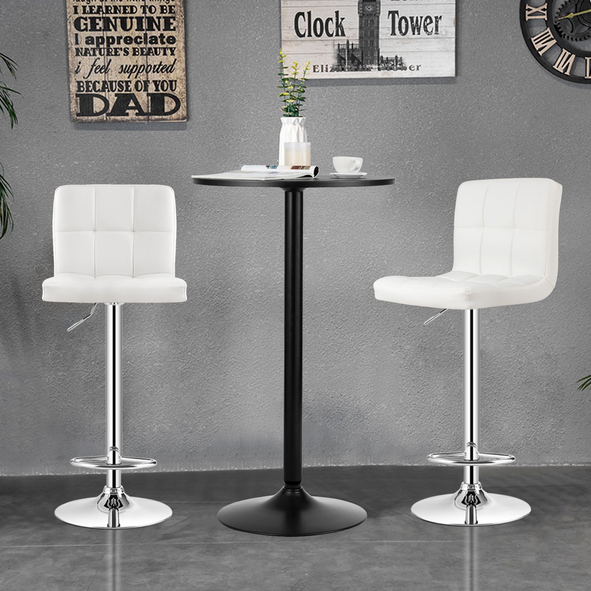 Costway 3PCS Pub Table Set 24" Round Bar Table & 2 Adjustable Bar Stools White