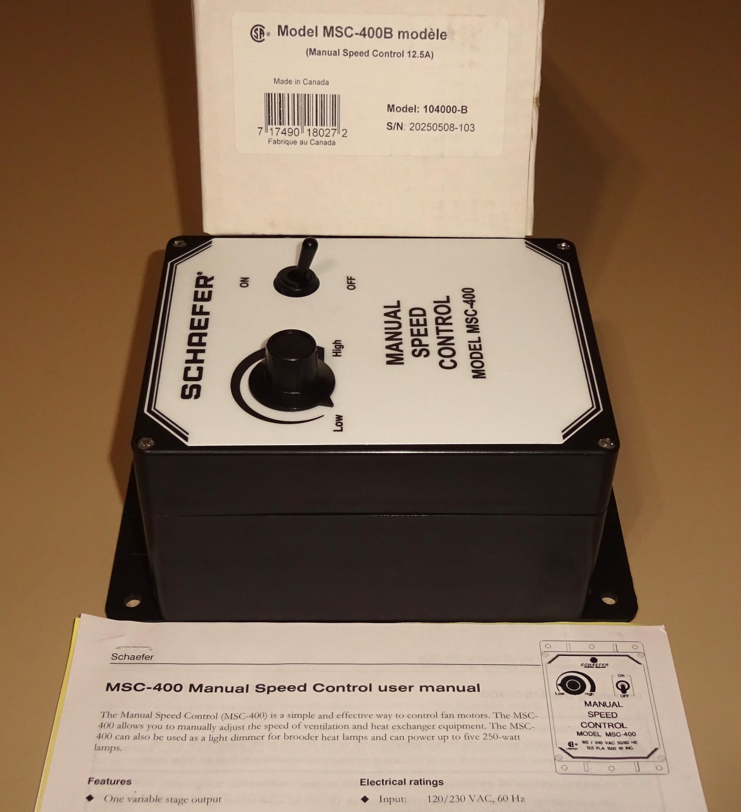Schaefer MSC-400B Manual Variable Speed Control MSC400B 120/240 VAC NEW