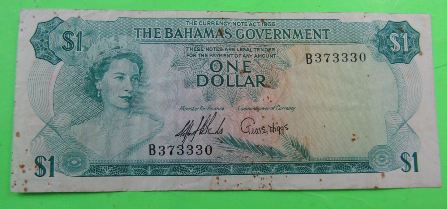 BAHAMAS, $1, QEII, P#18a, L. 1965, Serial # B 373330