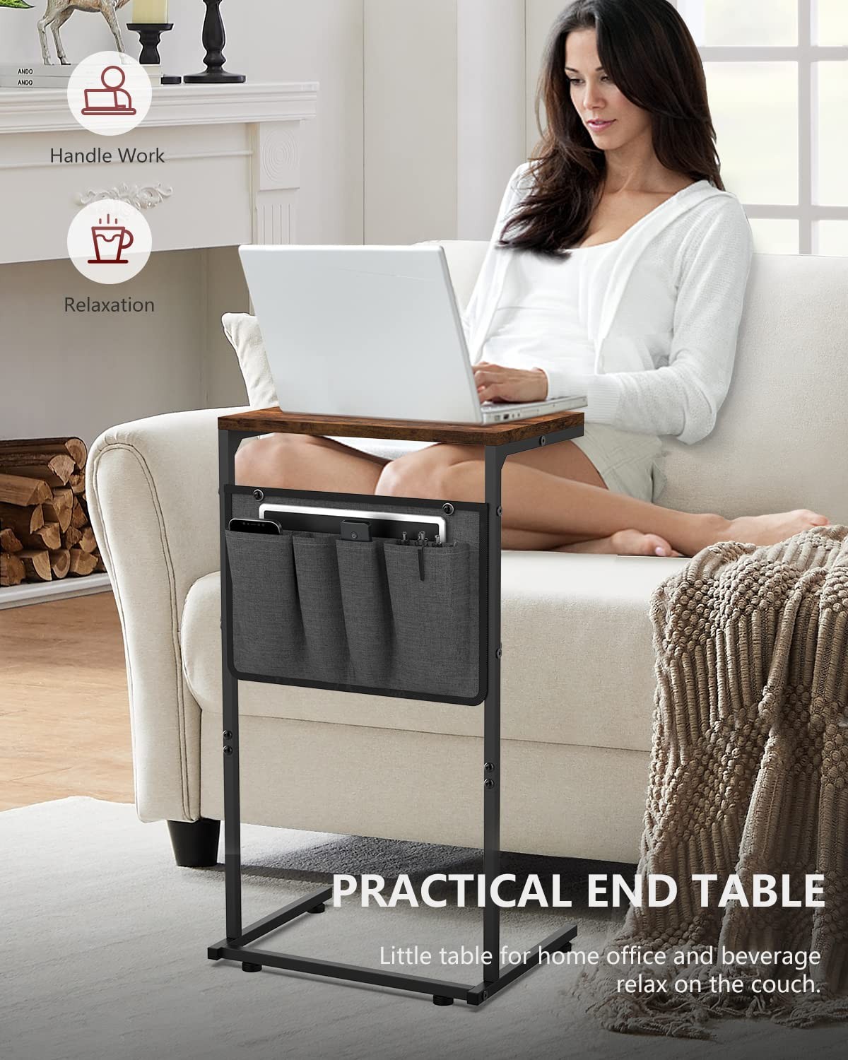 C Shaped End Table, Small Side Table for Couch and Recliner, Slide Under Sofa...