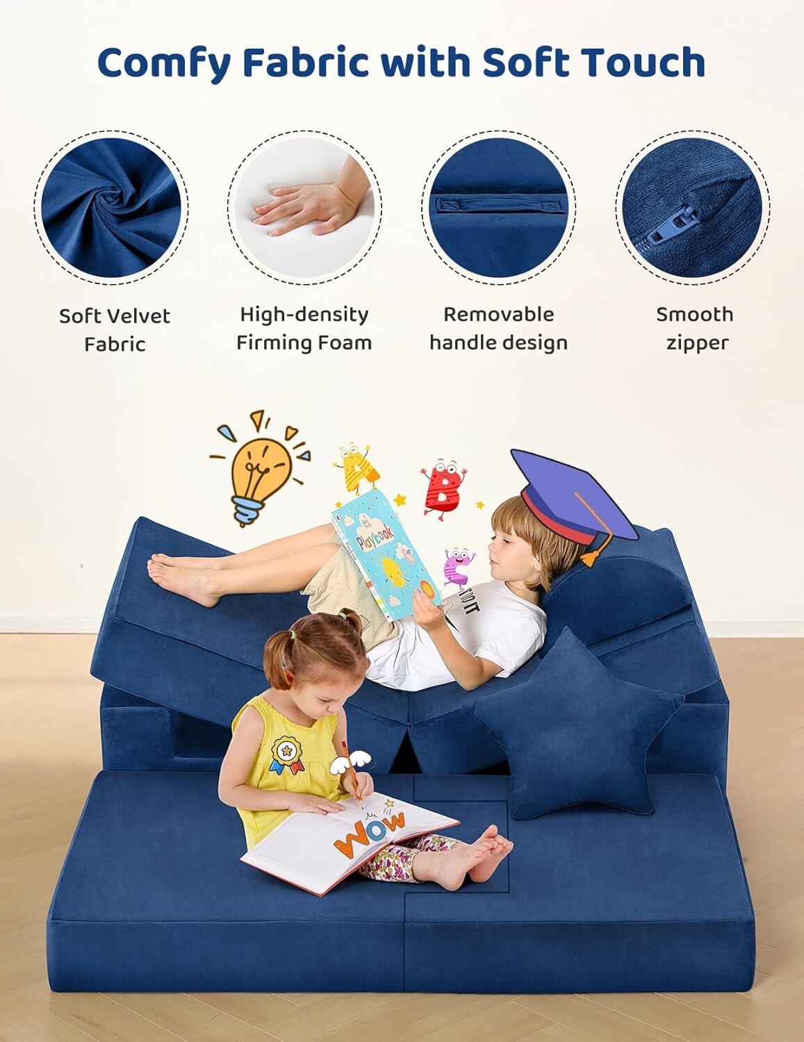 Modular Kids Play Couch - Safe Washable Velvet & Convertible Rocking Horse