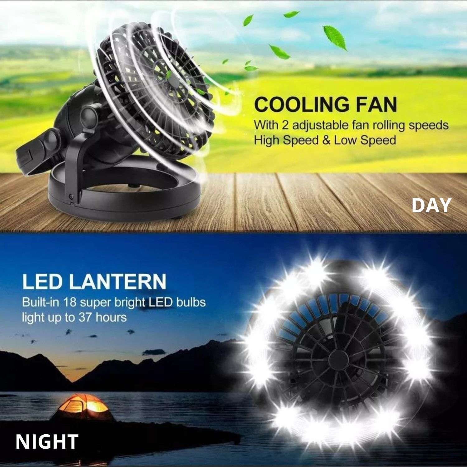 Portable Tent Fan LED Light Lamp Camping 2 in 1 Hiking Outdoor Equipment - O/B