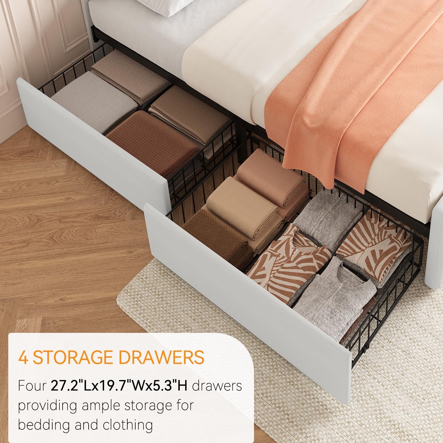Full Size Bed Frame Linen Upholstered Platform Bed Frame with 4 Storage Drawers
