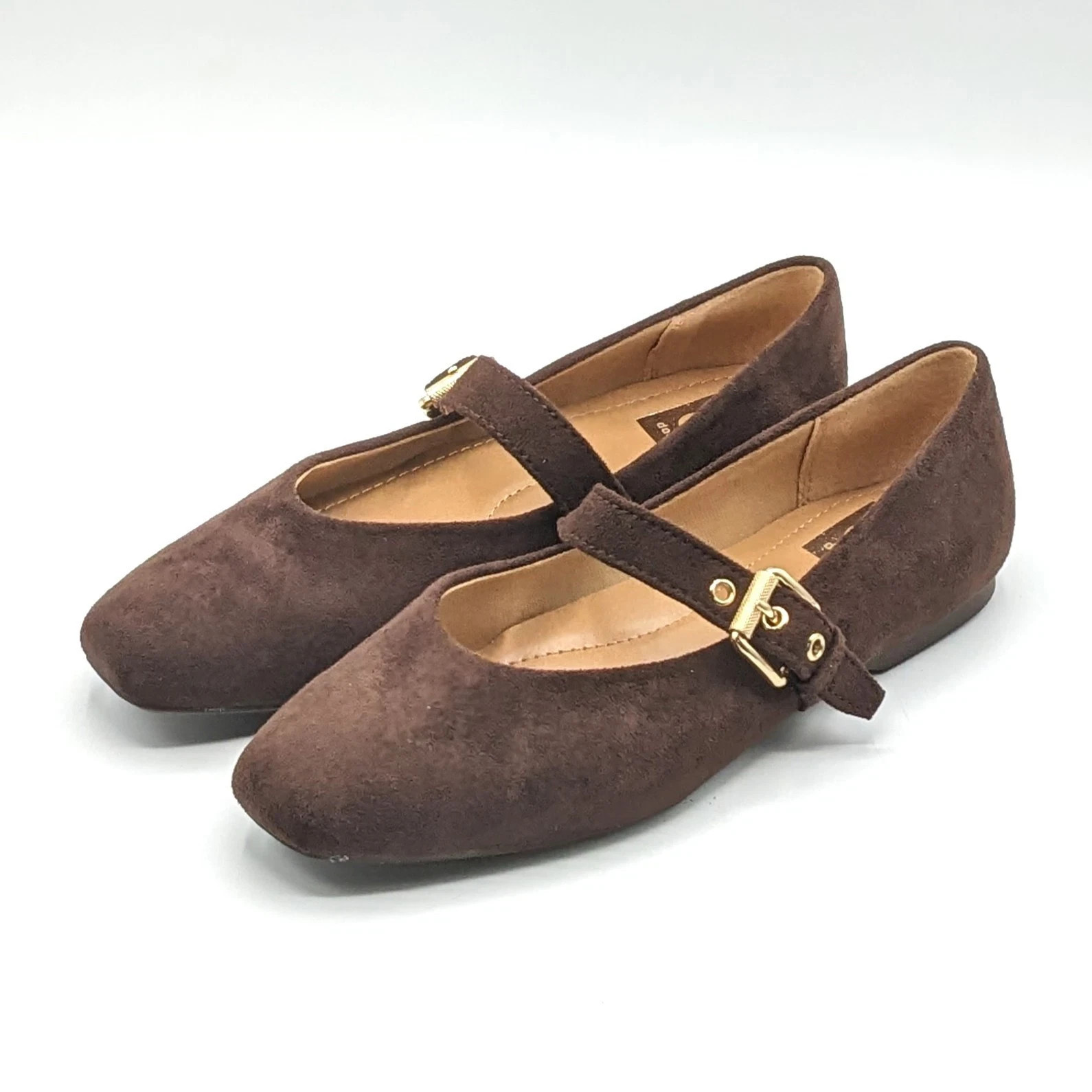 dv by Dolce Vita “Ballet Flat” Faux Suede Brass Buckle Foam Insole (Brown) NEW