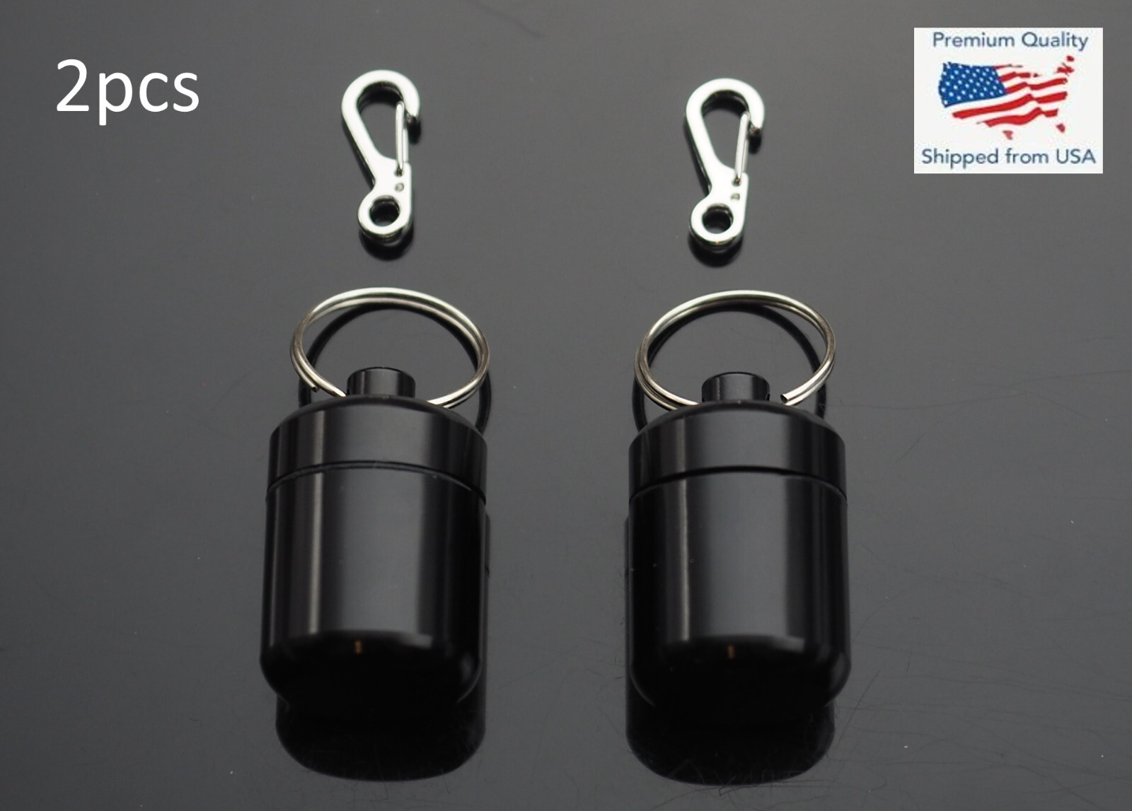 2 PCS Waterproof 1" Wide Pill Container Capsule Bottle Keychain & Clip - Black