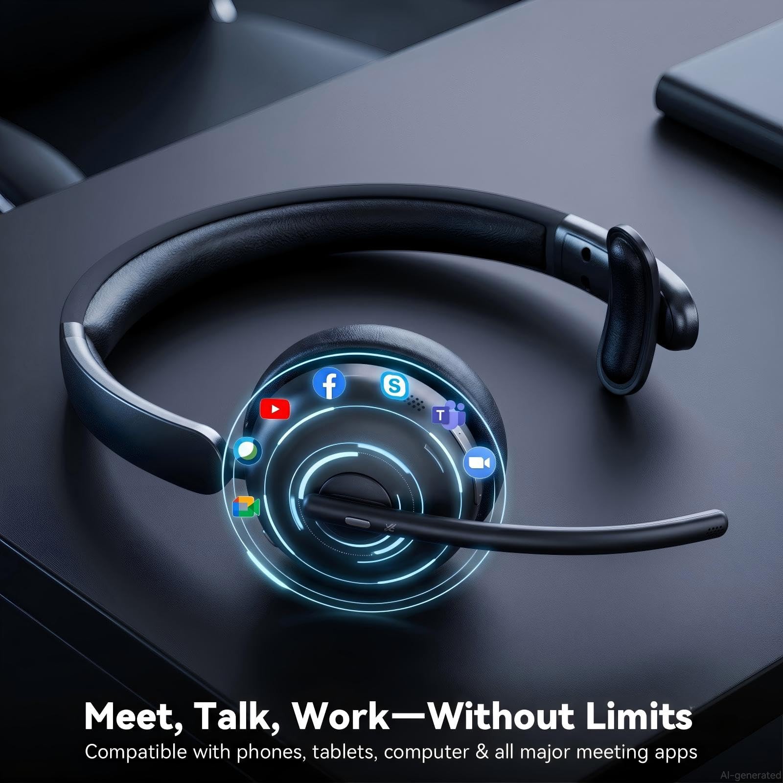 Wireless Headset, Wireless Headset with Mic for Work, AI Noise Cancelling, 65Hrs