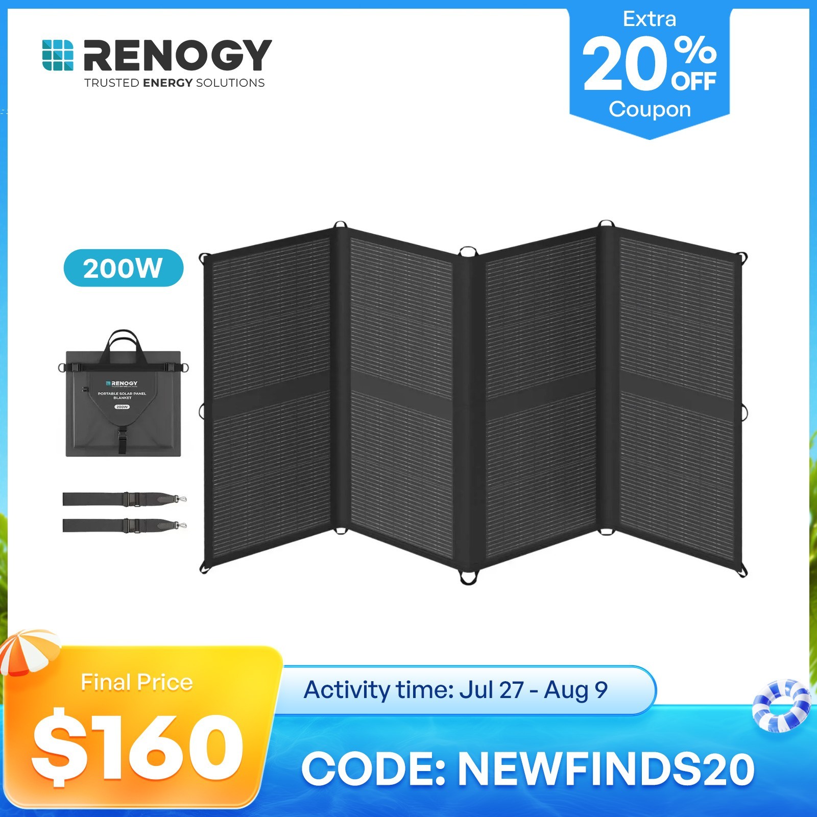 Renogy 200W Solar Panel Blanket Portable Solar Suitcase Foldable Solar Panel