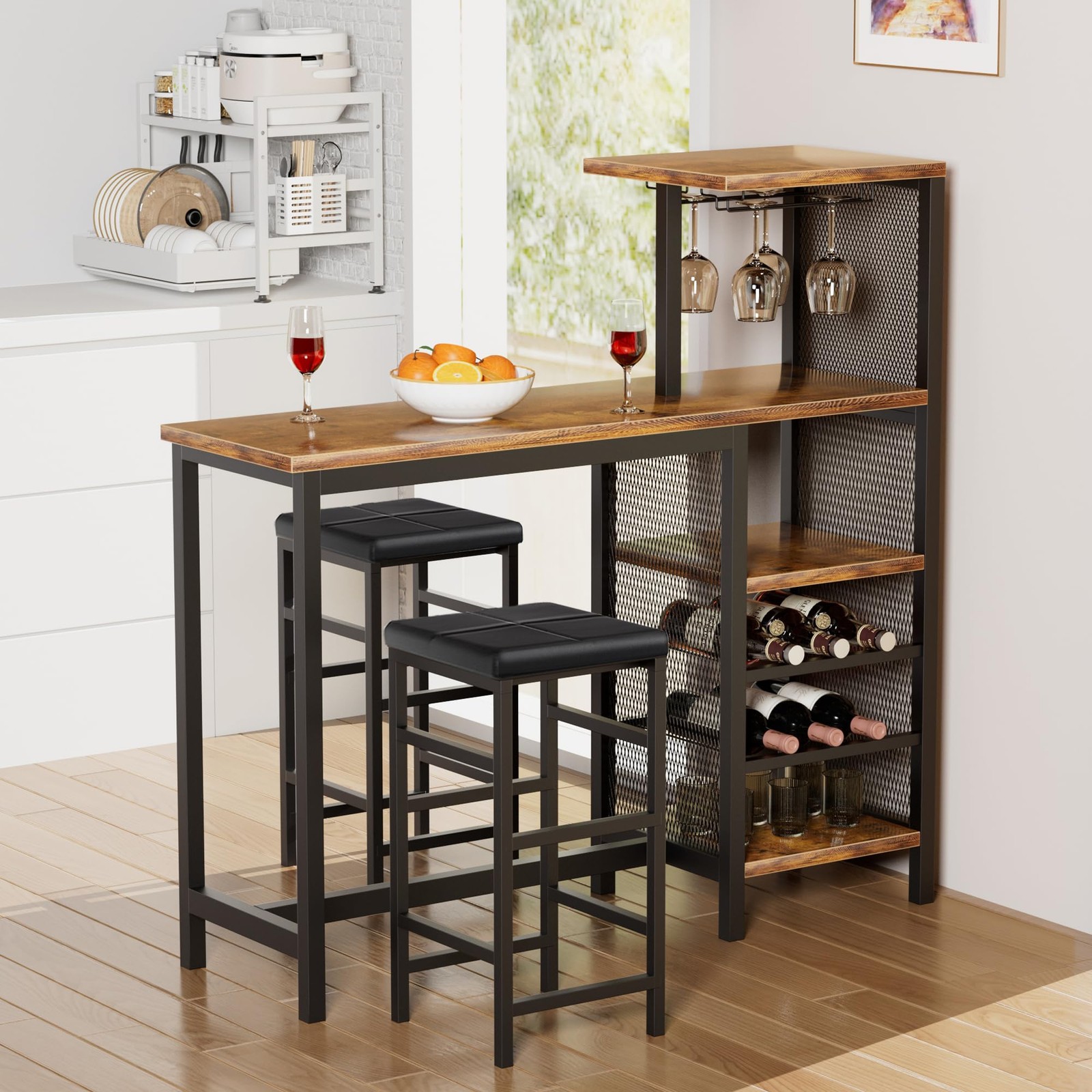 Vecelo Bar Table And Chairs Set For 2 3-Piece Dining Set Storage Shelves Cup