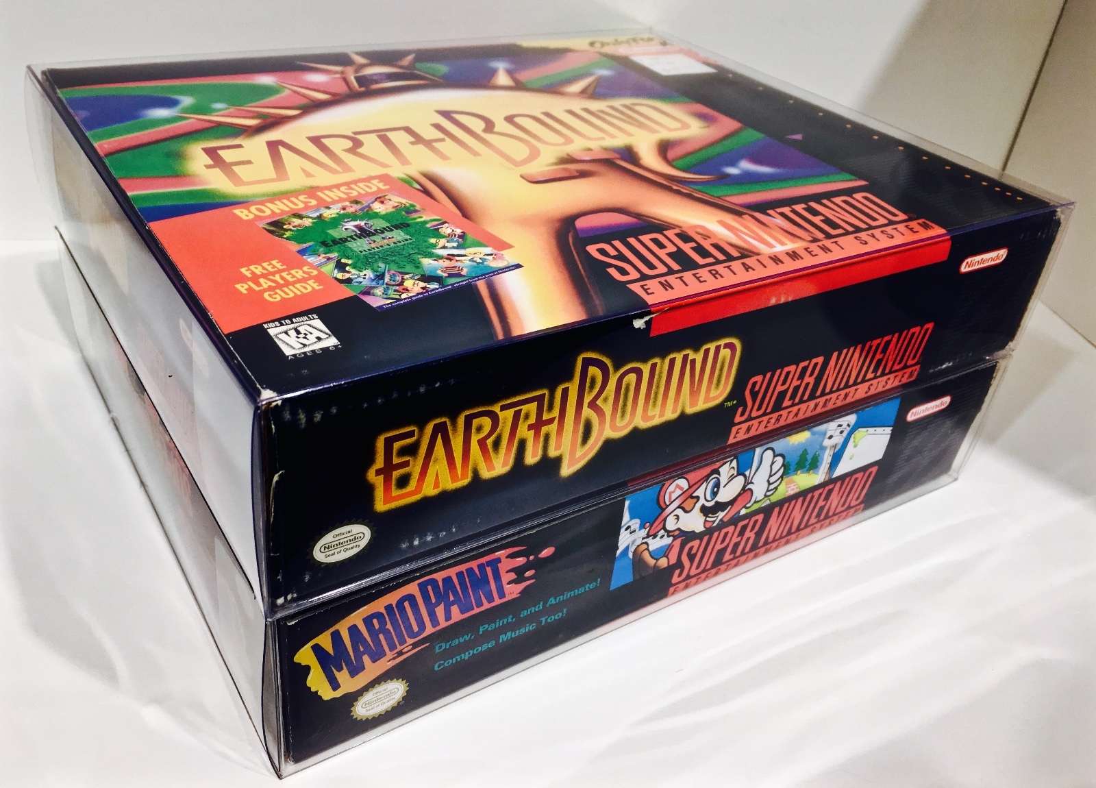 1 SNES BIG BOX Protector Earthbound Mario Paint Etc Super Nintendo Clear Case