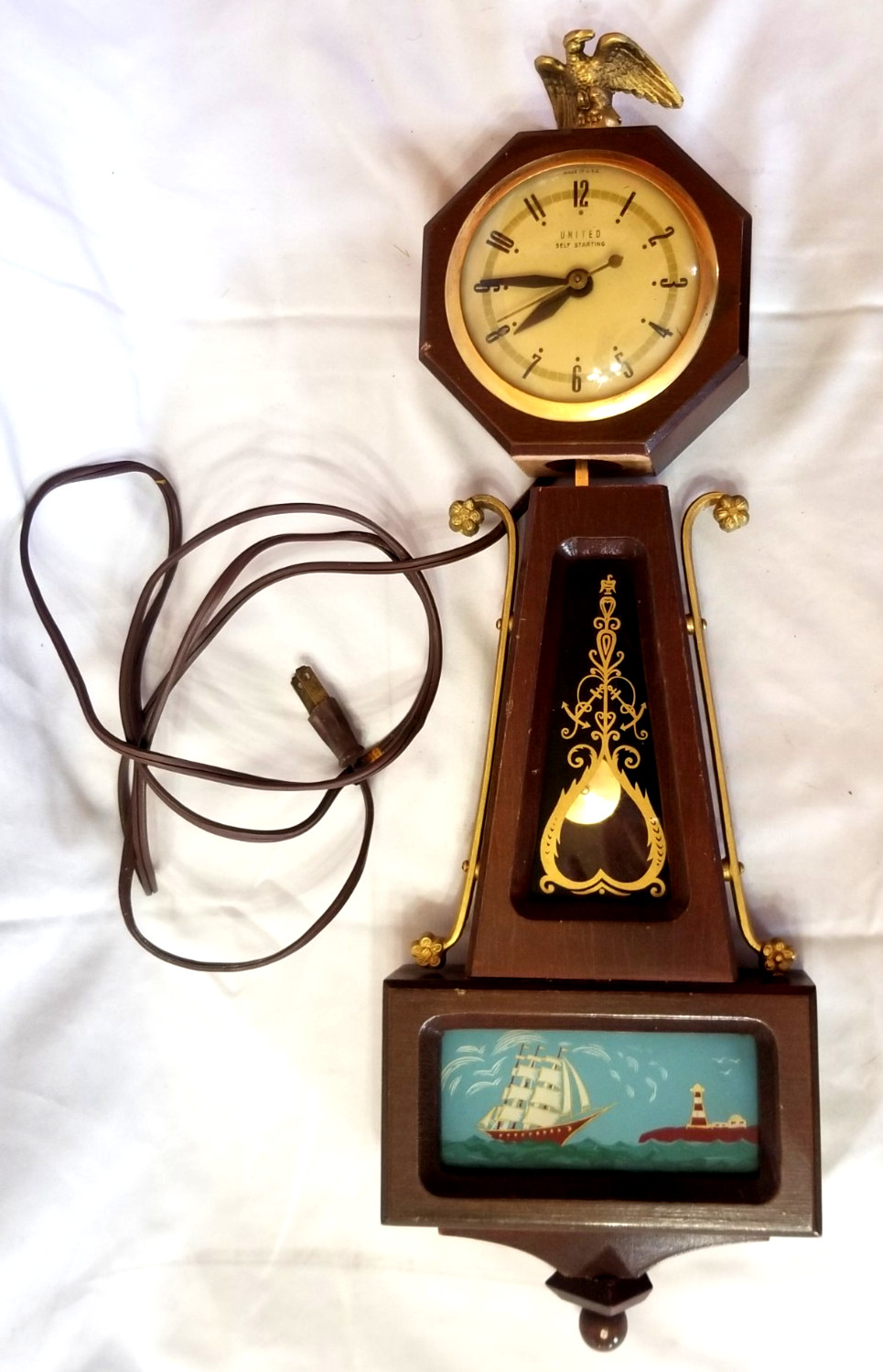 VTG United Electric Pendulum Wall Clock Banjo Wood w Brass 1940s PARTS or REPAIR