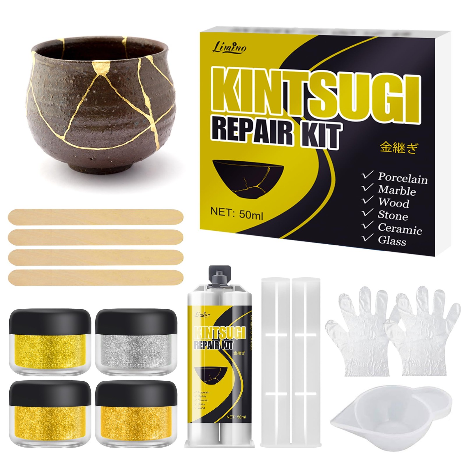 Kintsugi Repair Kit - Gold & Silver Food Safe Fast Glue