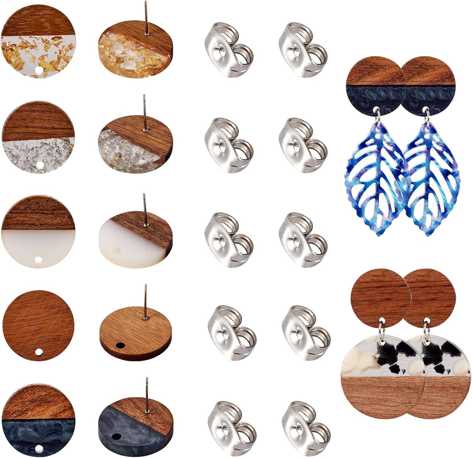 30Pcs Resin Wood Earrings Posts 20Mm Flat round Wooden Earring Blanks Gold Foil