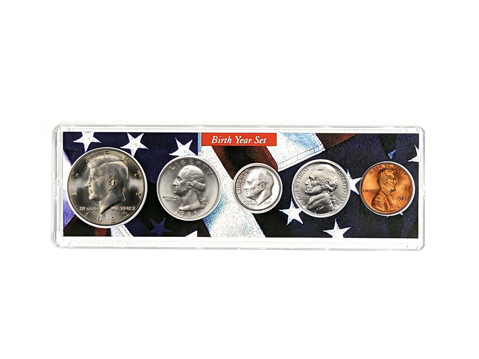 1985 Birth Year Coin Set in American Flag Holder - 5 Coin Set