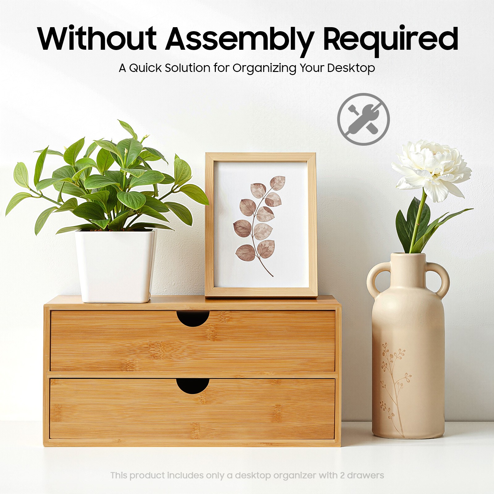 Small Bamboo Organizer for Desk, Tabletop Storage Organization Box with 2 Drawer
