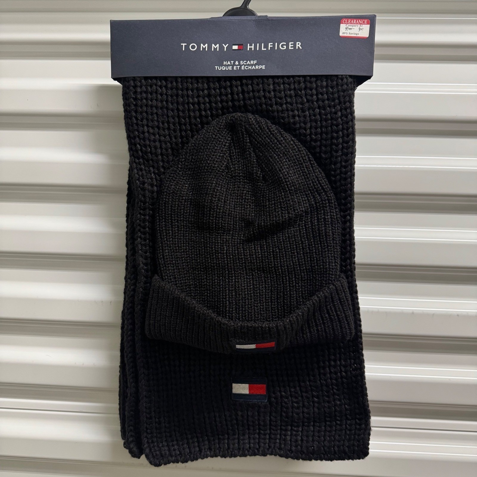 Tommy Hilfiger Black Knit Hat and Scarf Set Men OS