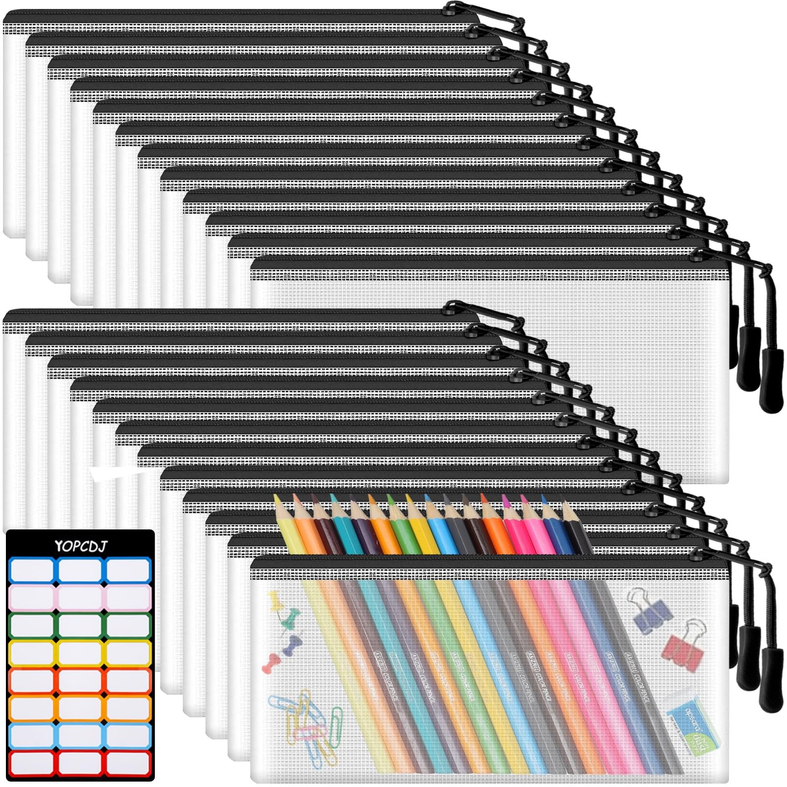24pcs Mesh Zipper Pouch Bags 9.3 x 4.7 Inches, Black Small Clear Pouches Bulk