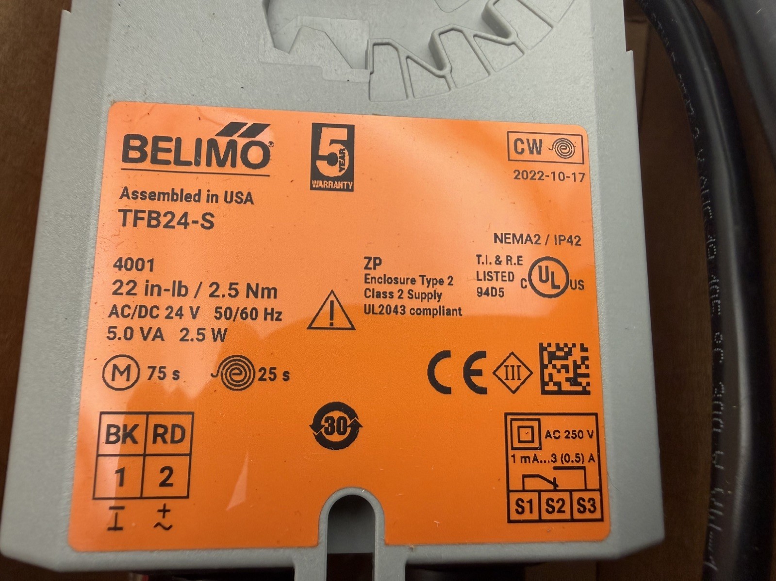 Belimo TFB24-S AC/DC 24V Spring Return Auxiliary Switch - Orange New