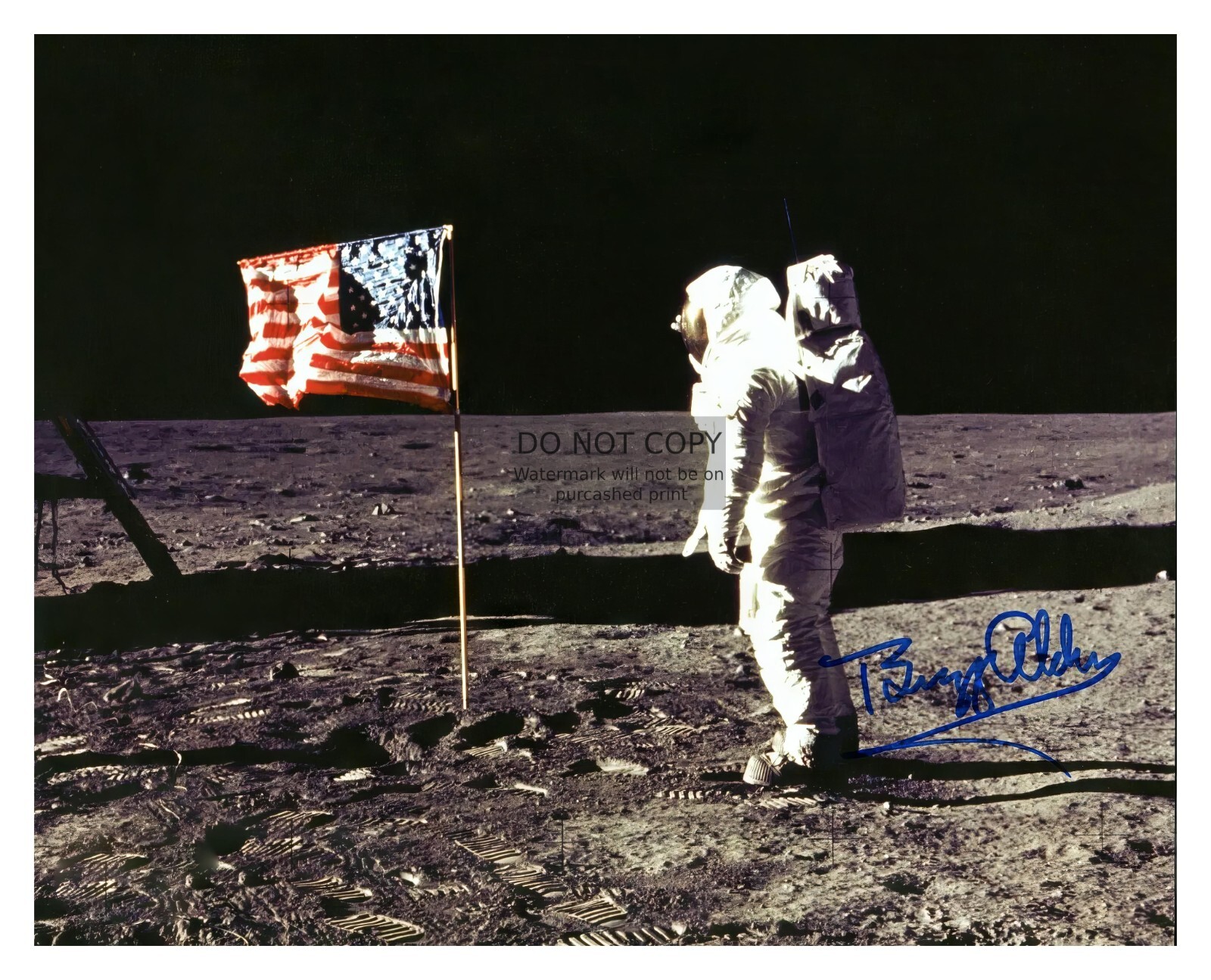 BUZZ ALDRIN APOLLO 11 ASTRONAUT ON THE MOON BY FLAG AUTOGRAPHED 8X10 NASA PHOTO
