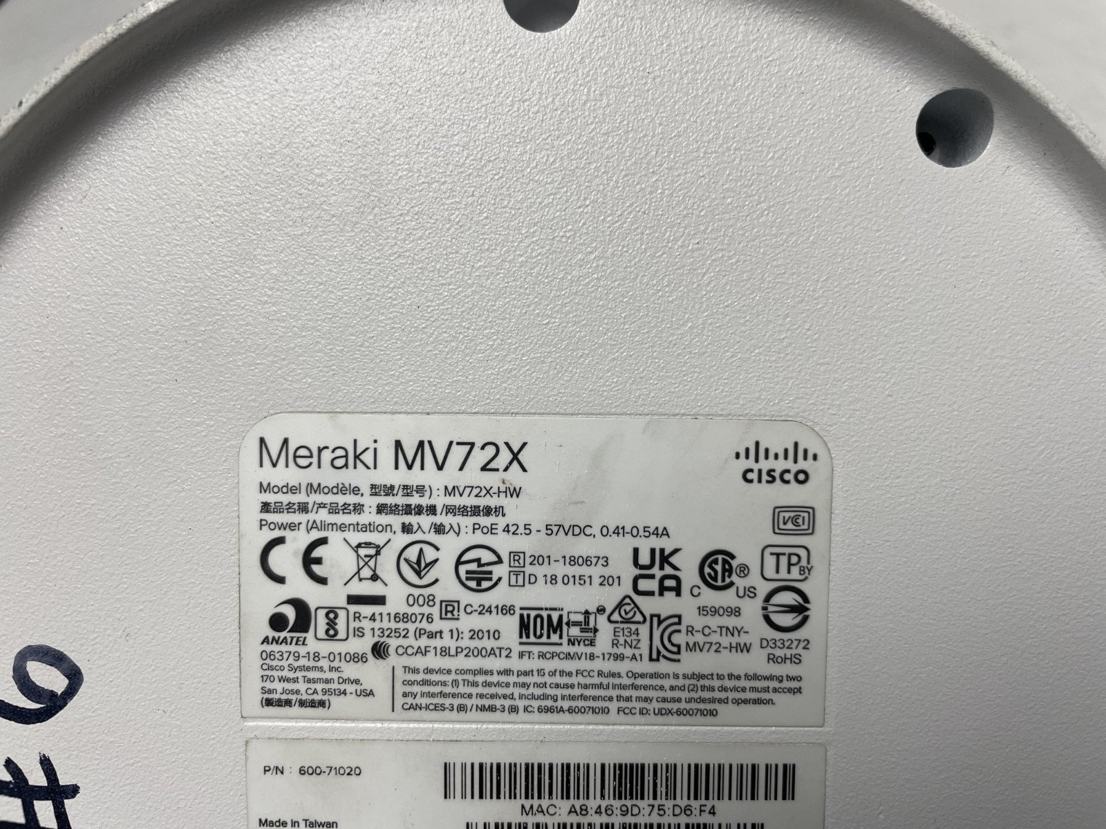 Cisco Meraki MV72X-HW 1920x1080 POE Dome Network Security Camera Unclaimed