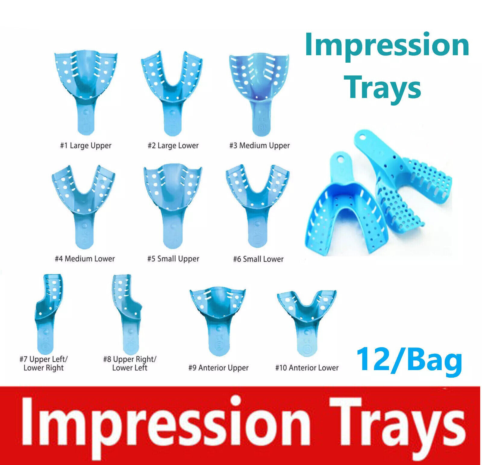 12 Pcs/Pack Dental Disposable Impression Trays Perforated Plastic Tray 10 Size