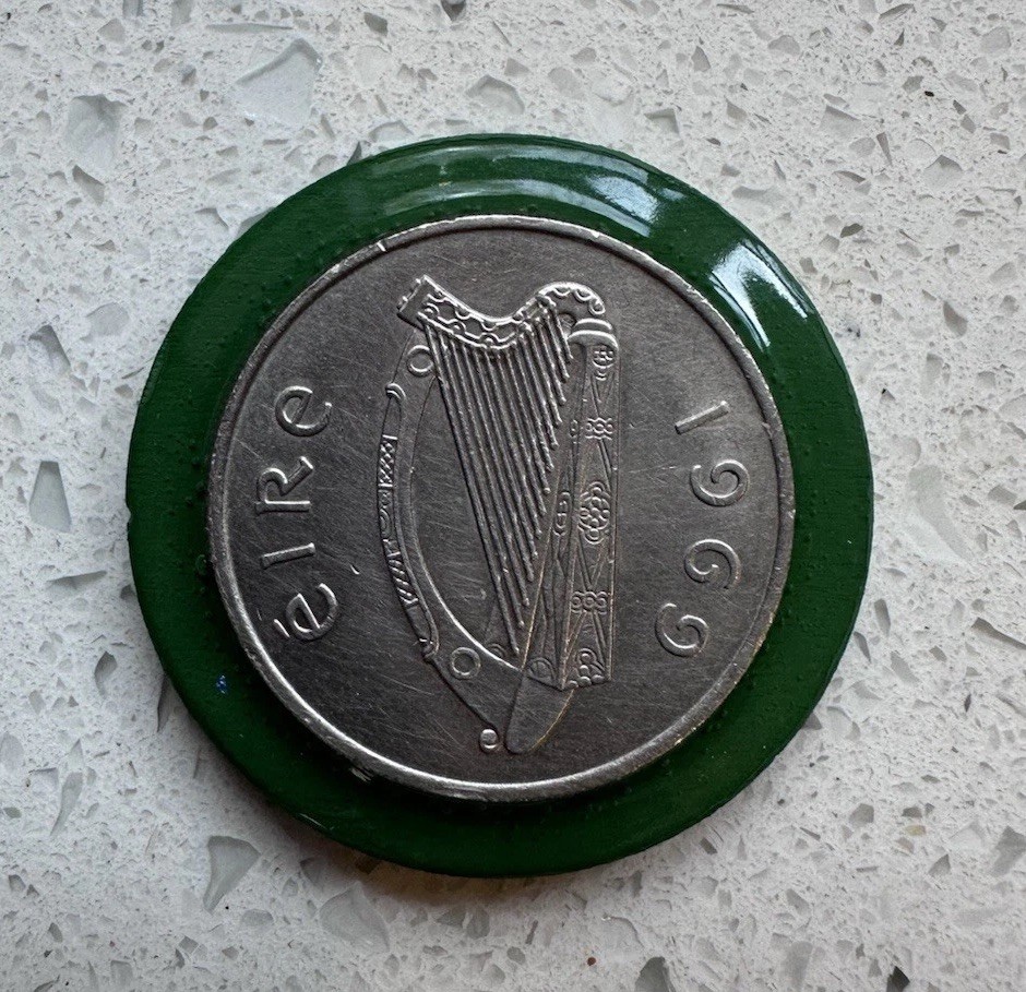 Green Shamrock Ball Marker 1-1/4” D LUX Sizemore P3 Green Irish Coin 1969 Wood